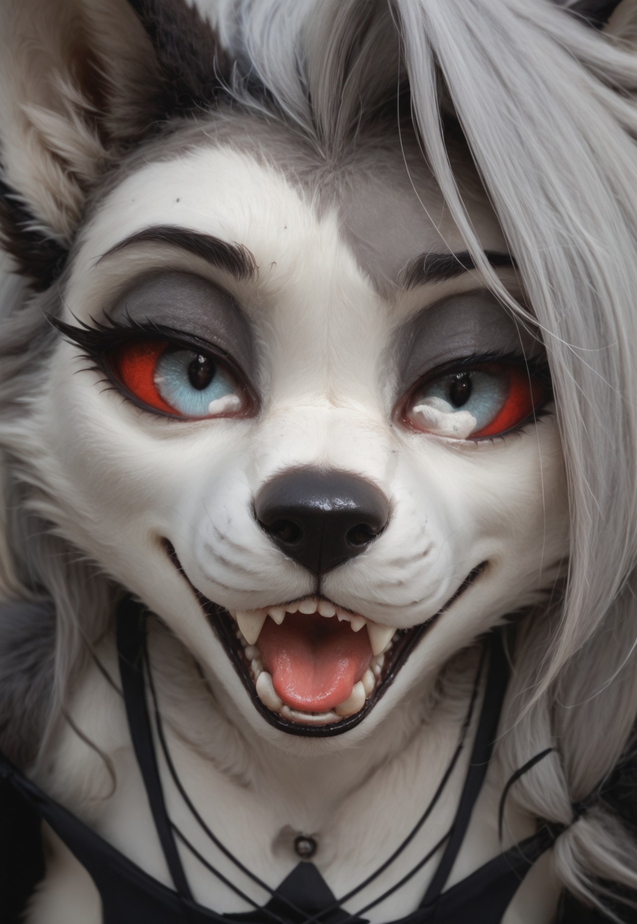 Masterpiece, best quality, amazing quality, female, furry, loona_helluva_boss, wolf, anthro, solo, seductive look, lidded eyes, realistic proportions, headshot, mawshot, sharp teeth, seductive smile, smug, fluffy fur, detailed fur, beautiful photo, close up, masterpiece, high quality, score_9, score_8_up, score_7_up, score_6_up, score_5_up, source_furry, well defined pupils, black pupil, close-up, solo, looking_at_viewer