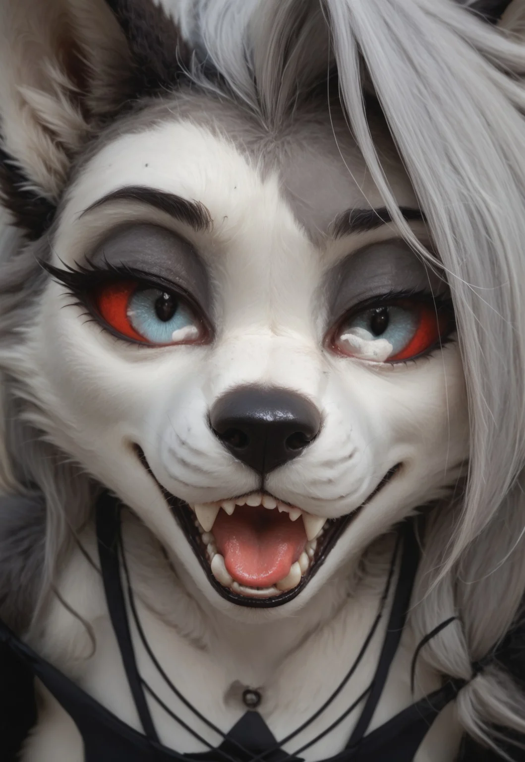 Masterpiece, best quality, amazing quality, female, furry, loona_helluva_boss, wolf, anthro, solo, seductive look, lidded eyes, realistic proportions, headshot, mawshot, sharp teeth, seductive smile, smug, fluffy fur, detailed fur, beautiful photo, close up, masterpiece, high quality, score_9, score_8_up, score_7_up, score_6_up, score_5_up, source_furry, well defined pupils, black pupil, close-up, solo, looking_at_viewer