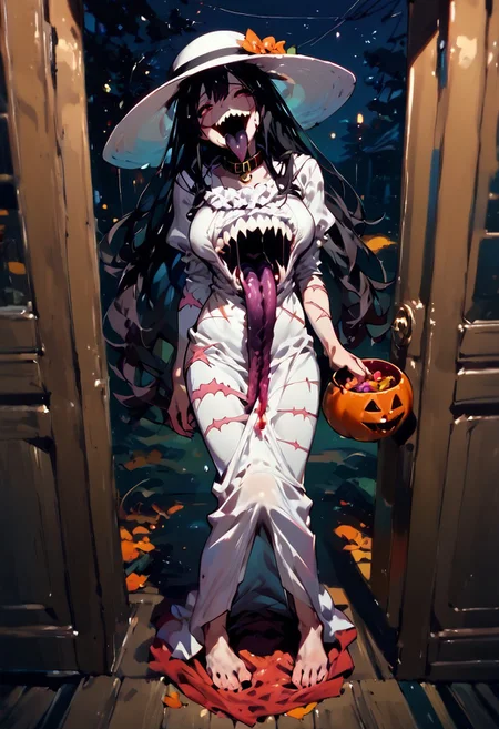 score_9, score_up_8, masterpiece, best quality, explicit, 
hasshaku-sama, mature woman, large woman, tall woman, sagging breast, enormous breast, long hair, black hair, horror (theme), collar bone, bony body, skinny, anorexic, fall season, trees, red yellow and orange leaves, falling leaves, night,  Expressiveh,  
 teeth, tongue, open mouth, horror, blood, (((stiches, scars))), black tongue, very long tongue, black tears, full body, tr1ck0rtr3at, holding, halloween bucket, doorway, street background, white bloodstained dress, white sunhat, covered breasts