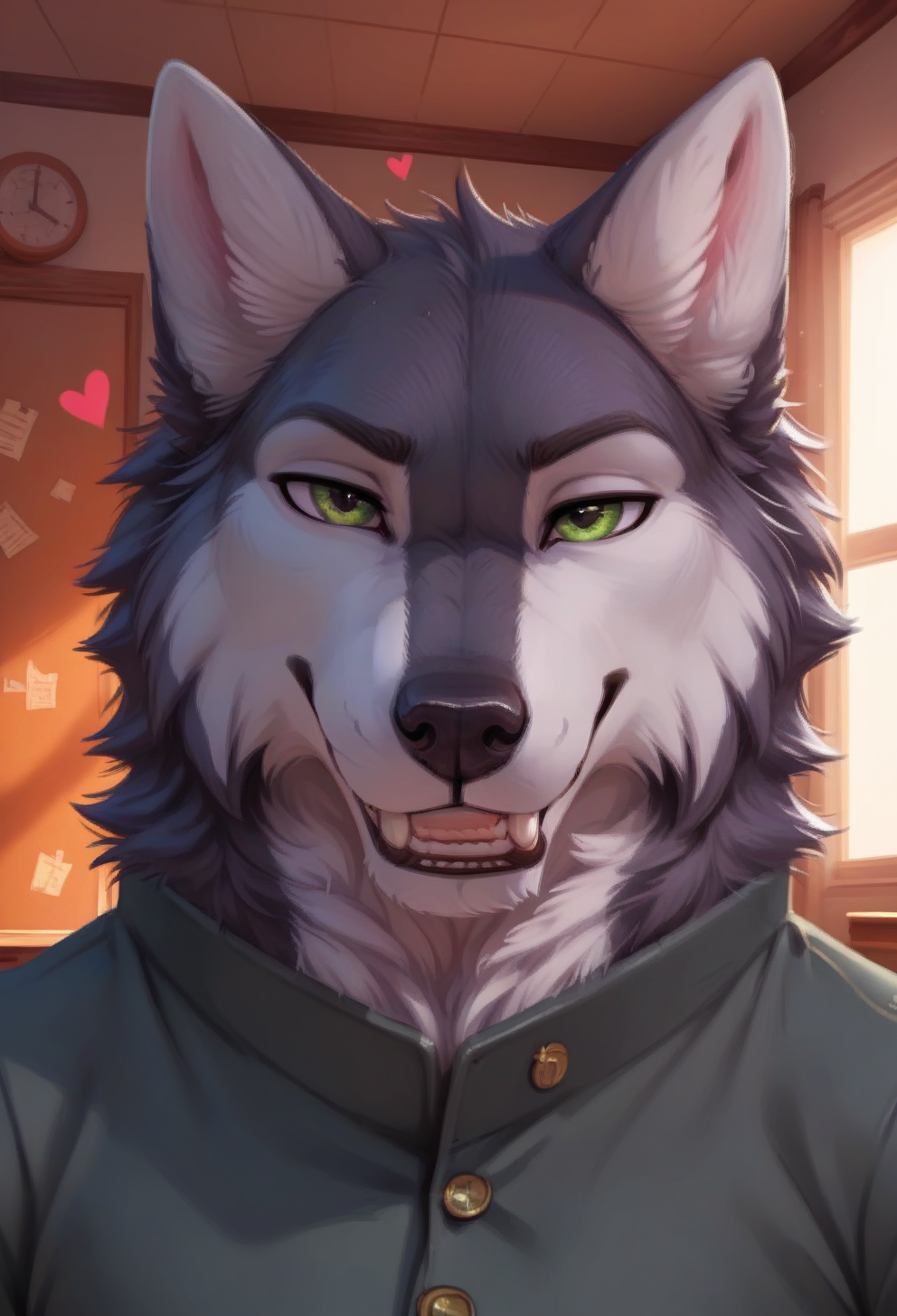 score_9, score_8_up, score_7_up, score_6_up, 1anthro, 1human, male, , furry, detailed fur, anthro, eyes, , perfect face, detailed eyes, perfect eyes, sexy, sexy boy, beautiful eyes, perfect cute face, petite body, face focus, low angle, close up, looking at viewer, POV,  face focus, indoors,   detailed lighting, detailed background,
smug expression,  floating hearts, eye focus, smug, pleased, mischievous, smirk, seductive pose, classroom, school, flirty, flirting with viewer,
bedroom eyes, detailed eyes, perfect eyes, beautiful eyes, , detailed fur, tail, green eyes, realistic fur, , solo, 1 boy, young, (((handsome, detailed face and eyes))), dog, anthro dog , solo, detailed fluffy fur , realistic green eyes, neck fluff, green eyes, extremely detailed eyes, muscular, toned , anthro dog , sexy, husky tail, eyes focus, anthro husky, anthro hands, claws, detailed anthro hands, detailed fluffy fur, Shoichi, Shoichi_Urata, furry male, furry, muscular, animal ears, wolf ears,  school uniform, grey jacket, grey trousers, gold buttons on jacket,  <lora:Shoichi_-_Tennis_Ace:0.55>
tail, uncensored, canine mouth, sharp teeth, detailed teeth, detailed canine teeth,
<lora:CleanDetailed_Eyes:0.25> <lora:Better_caninefeline_mouth:0.2>
<lora:princess_xl_v1:1> <lora:Expressive_H:0.65> <lora:g0th1cPXL:0.45> <lora:incase-ilff-v3-4:0.3>