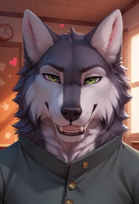score_9, score_8_up, score_7_up, score_6_up, 1anthro, 1human, male, , furry, detailed fur, anthro, eyes, , perfect face, detailed eyes, perfect eyes, sexy, sexy boy, beautiful eyes, perfect cute face, petite body, face focus, low angle, close up, looking at viewer, POV, face focus, indoors, detailed lighting, detailed background,
smug expression, floating hearts, eye focus, smug, pleased, mischievous, smirk, seductive pose, classroom, school, flirty, flirting with viewer,
bedroom eyes, detailed eyes, perfect eyes, beautiful eyes, , detailed fur, tail, green eyes, realistic fur, , solo, 1 boy, young, (((handsome, detailed face and eyes))), dog, anthro dog , solo, detailed fluffy fur , realistic green eyes, neck fluff, green eyes, extremely detailed eyes, muscular, toned , anthro dog , sexy, husky tail, eyes focus, anthro husky, anthro hands, claws, detailed anthro hands, detailed fluffy fur, Shoichi, Shoichi_Urata, furry male, furry, muscular, animal ears, wolf ears, school uniform, grey jacket, grey trousers, gold buttons on jacket, <lora:Shoichi_-_Tennis_Ace:0.55>
tail, uncensored, canine mouth, sharp teeth, detailed teeth, detailed canine teeth,
<lora:CleanDetailed_Eyes:0.25> <lora:Better_caninefeline_mouth:0.2>
<lora:princess_xl_v1:1> <lora:Expressive_H:0.65> <lora:g0th1cPXL:0.45> <lora:incase-ilff-v3-4:0.3>