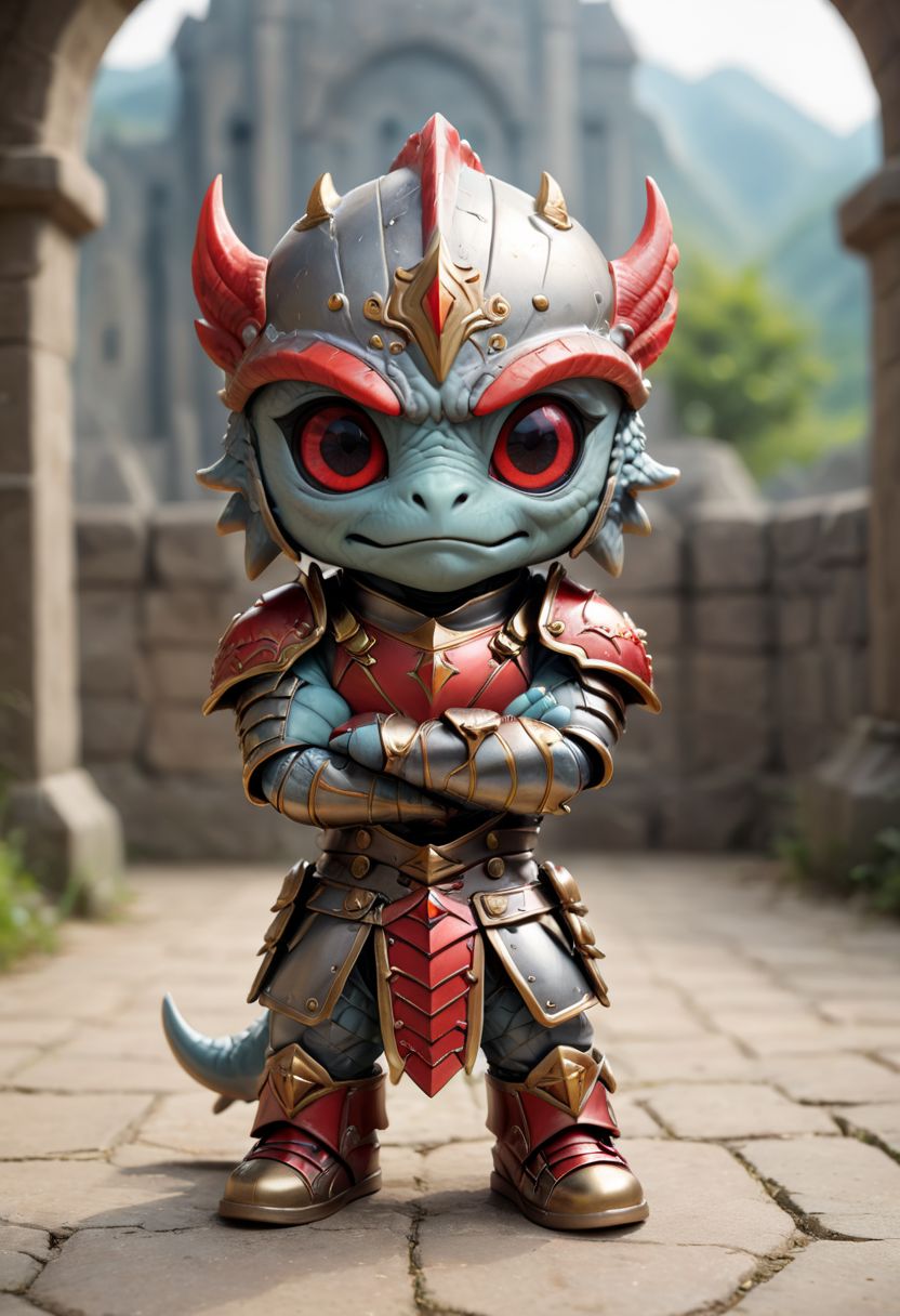 Cute little happy miniature chibi draghon with big comically bright red eyes, wearing armor and converse plated armor, arms crossed