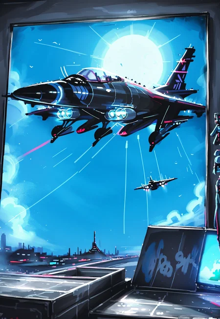 tb, Painting, robot city, flying cars, geometric buildings, industrial, traditional media, thick brush strokes, meticulous detail, dramatic lighting, OverallDetailXL, uaf_red_blue_ilumination, fightter jets, bombers, battlefield, uaf_redblue_backlight, uaf-portrait