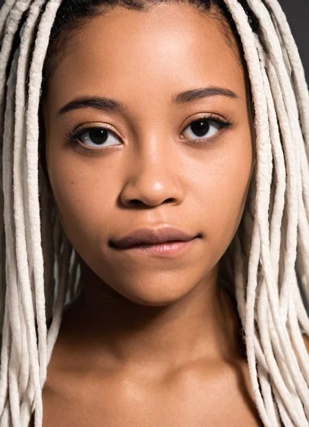 1girl, black girl, realistic, bitinglip, portrait, white dreadlocks, soft lighting, looking at viewer, emotional expression <lora:Black_woman_with_white_dreadlocks-000005:0.7000000000000002> <lora:biting_lip:1.0000000000000002>
