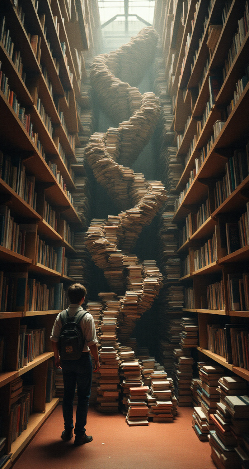 A librarian in a quiet library, surrounded by towering stacks of books, but instead of organizing them, they’re using the books to build an elaborate, spiraling slide down the center of the room, with a “Shh! Sliding in Progress” sign.