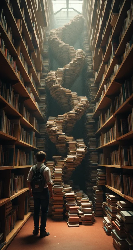A librarian in a quiet library, surrounded by towering stacks of books, but instead of organizing them, they’re using the books to build an elaborate, spiraling slide down the center of the room, with a “Shh! Sliding in Progress” sign.
