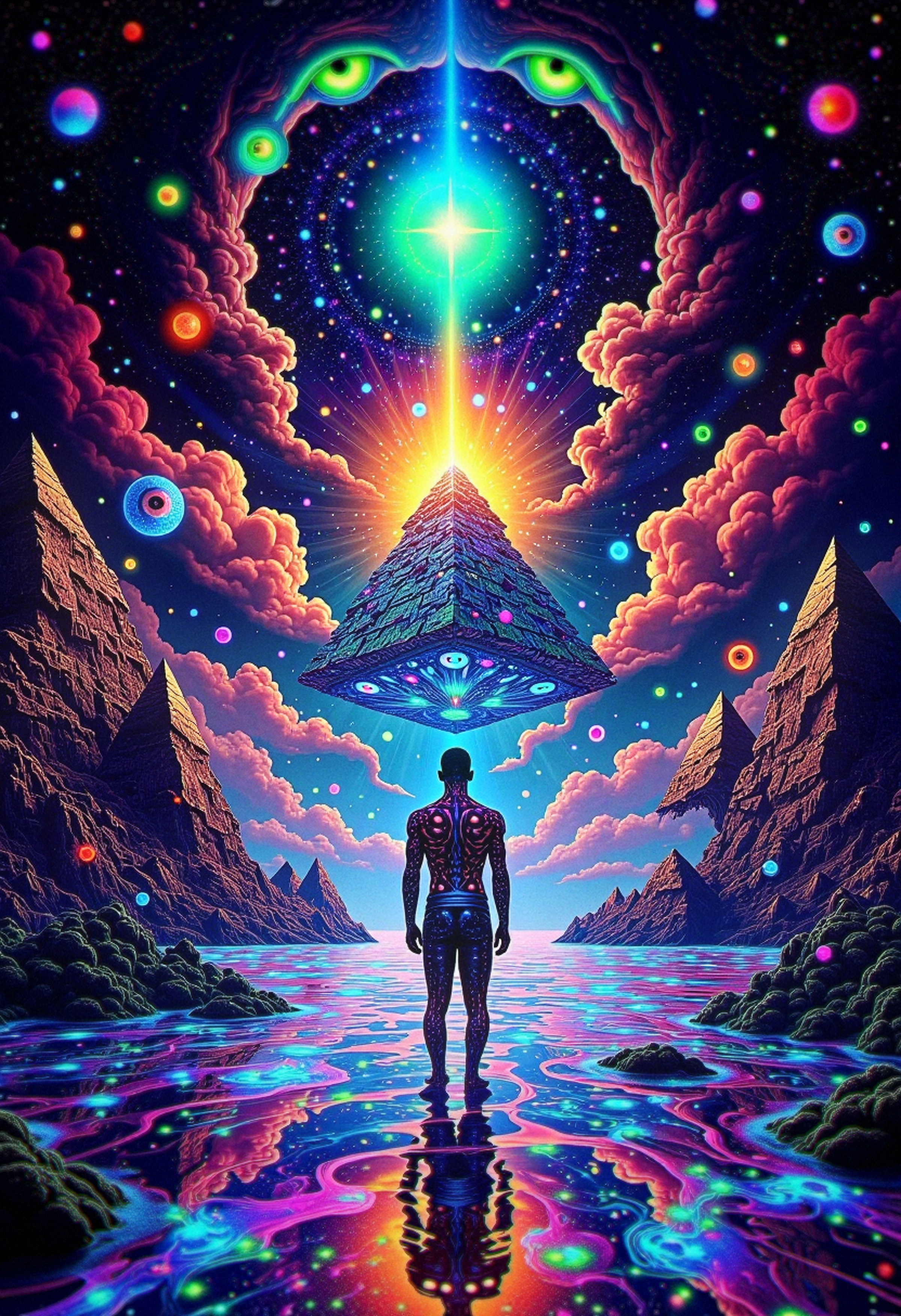 bo-psychedelic, psychedelic surrealism, A man with transparent skin stands at the edge of a fractal sea, his body dissolving into stardust. Floating pyramids rise from the depths of the water, and in the sky, giant eyes peer through glowing clouds, watching over the strange, cosmic landscape as stars flicker and pulse in rhythm with the surreal dreamscape., Kodak Vision3 IMAX, <lora:Flux\boFLUX Psychedelic Surrealism v1.safetensors:1.0:1.0>