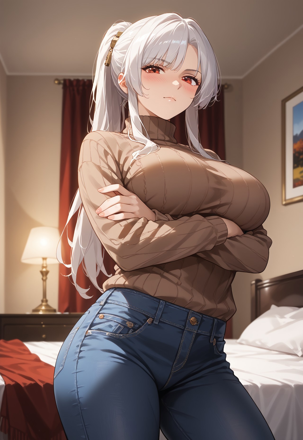 safe_pos, safe_pos, score_9, score_8_up, score_7_up, score_6_up, source_anime, masterpiece, best quality, high quality, highres, cinematic lighting, cinematic angles, (solo, bedroom, blurry background, below view, closed up, RANDOM_STYLE), (1girl, young woman, long hair, ponytail, locks, white hair, red eyes, horny face, large breasts, blush, turtleneck sweater, brown sweater, blue denim pants, standing, looking at viewer, crossed arms, good_hands, perfect hands, perfect fingers, anatomically correct hands)