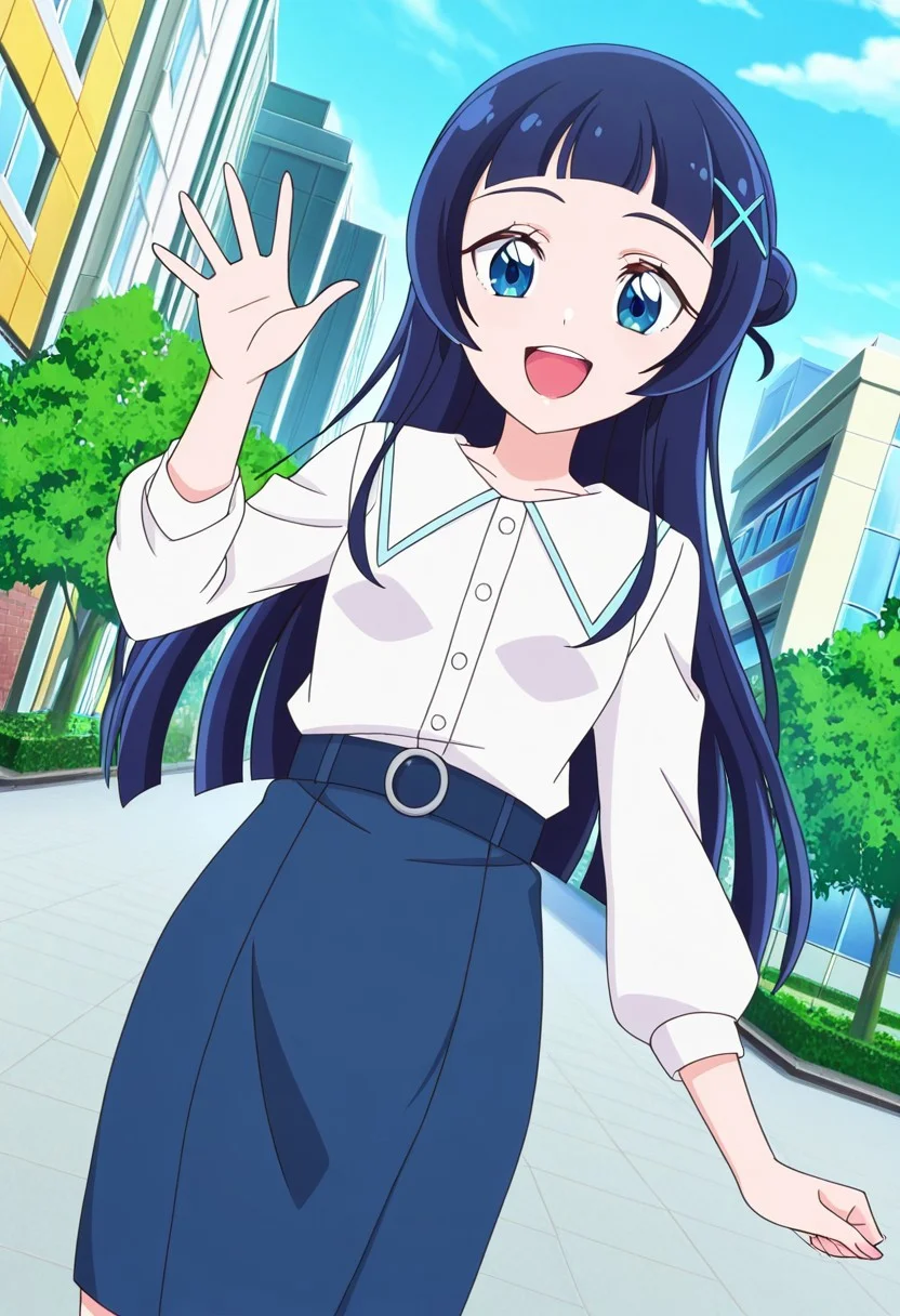 general,highres, ultra-detailed,very aesthetic,best quality ,best hands,best eyes,easynegative,
dynamic anglre, dutch angle, anime cloring,anime screencap,
1girl solo,looking at viewer,city,outdoors,smile,open mouth,waving hand,
Nana Aokaze,navy blue hair,long hair,hime cut,hair ornament,hair bun,small breasts,blue eyes,shirt,skirt,