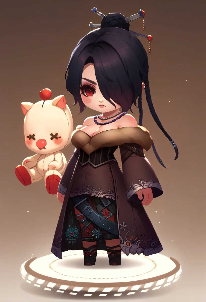 score_9, score_8_up, source_anime, 1girl, LuluX, jewelry, strapless dress, multiple belts, fur trim, moogle, off-shoulder dress, <lora:LuluX_XLPD:1>, hair over one eye, black hair, <lora:chibi-nikke-richy-v1_pdxl:1>, solo, chibi, standing, full body