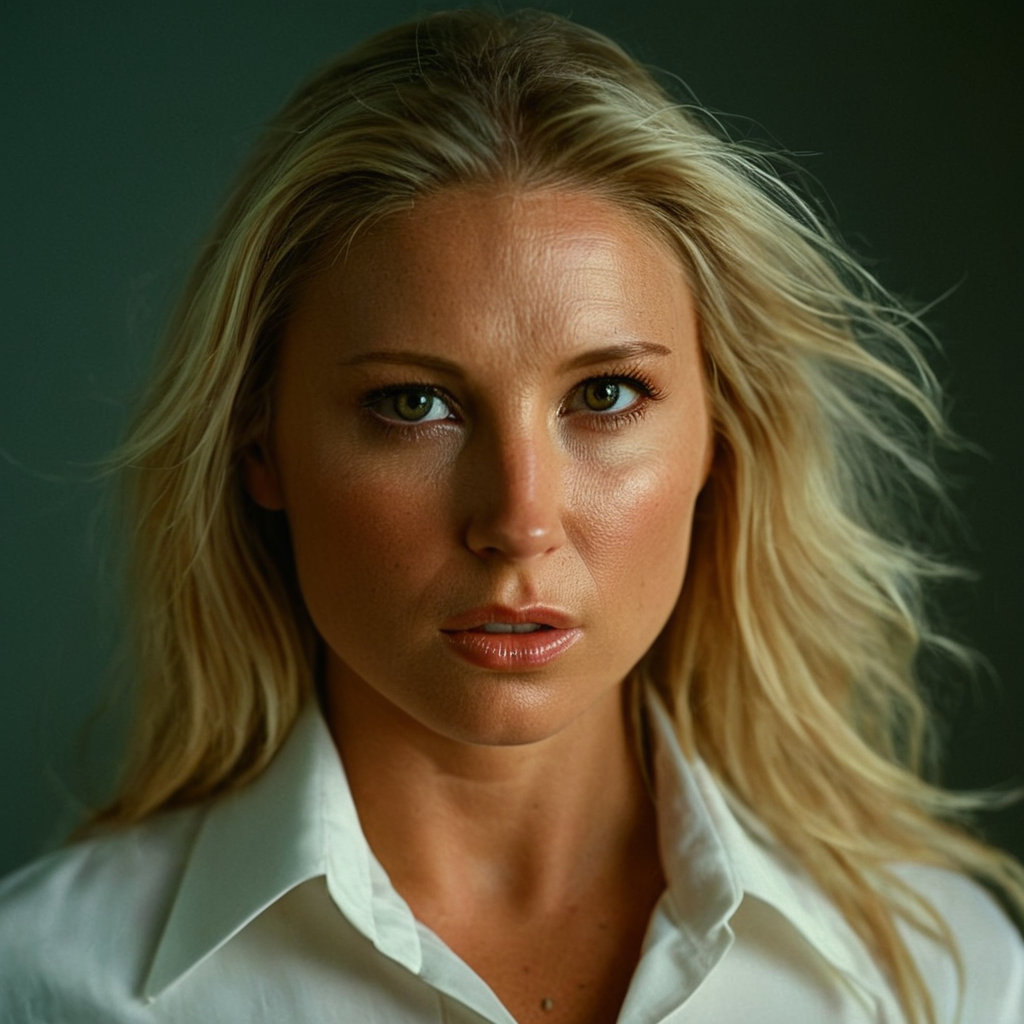 cinematic film still of  <lora:Devon Lee:1> Devon Lee
<lora:eyetune:0.1>
<lora:perfection style:0.1>
<lora:detailed:0.1>
neutral facial expression of a woman with blonde hair and a white shirt, movie themed, sharp, detailed skin, epic cinematic photography, artistic, creative, wrinkly face, dramatic lighting style, cinematic color style, Kodak film style, skin pore, emotional style, gustier style, facial expression style, neutral facial style, 1girl, solo, long hair, looking at viewer, blonde hair, simple background, brown eyes, closed mouth, lips, portrait, realistic, nose, photorealistic, serious look, olf wom, shallow depth of field, vignette, highly detailed, high budget, bokeh, cinemascope, moody, epic, gorgeous, film grain, grainy