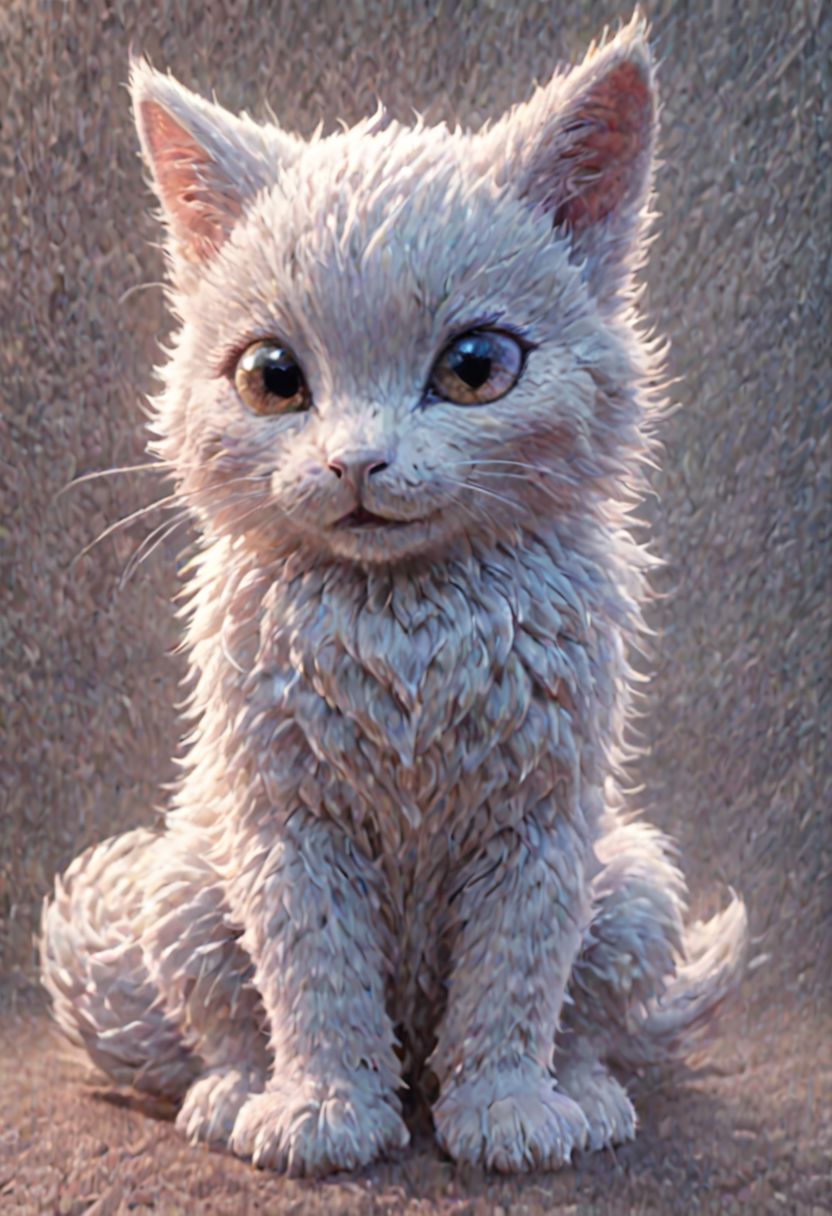 little cute fluffy kitten realistic wet nose bristling fur stalking pose to catch little mouse cheerful happy look mouse gray little mouse playing next to the kitten