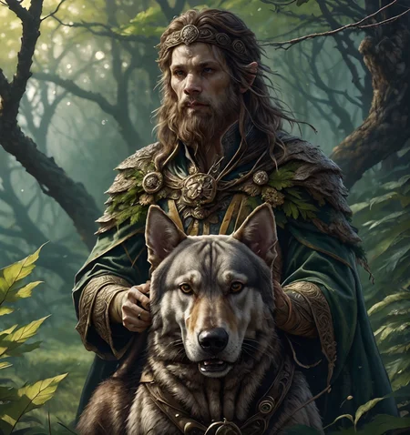 RAW photo, (masterpiece:1.3), subsurface scattering, heavy shadow, (high quality:1.4), (intricate, high detail:1.2), professional photography, HDR, High Dynamic Range, realistic, ultra realistic, photorealistic, high resolution, film photography, ambient lighting, atmospheric effects, <lora:detail_slider_v4:2>, OverallDetail, <lora:Druid:1>, 1boy, a (male!) druid, middle-aged, (beard), headband, with a dog, leaves, epiCPhoto