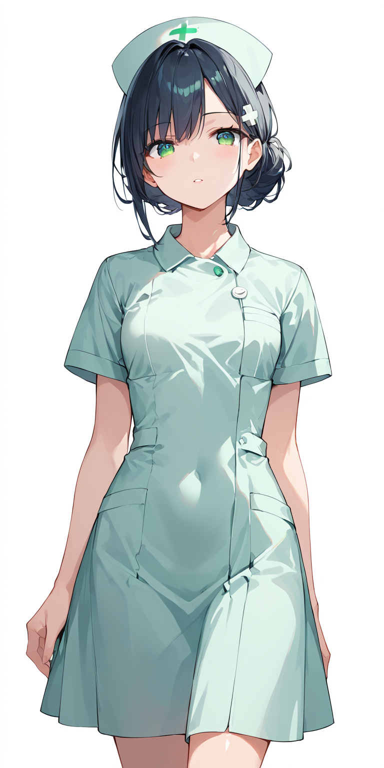score_9, score_8_up, score_7_up,source_anime, high res image,masterpiece,best quality,girl,cute face,clear skin,shiny hair,ultra detailed eyes,simple background, <lora:nurse_pony_V1.0:0.8> nurse, green dress, nurse cap