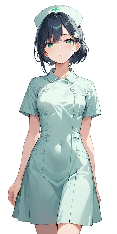 score_9, score_8_up, score_7_up,source_anime, high res image,masterpiece,best quality,girl,cute face,clear skin,shiny hair,ultra detailed eyes,simple background, <lora:nurse_pony_V1.0:0.8> nurse, green dress, nurse cap