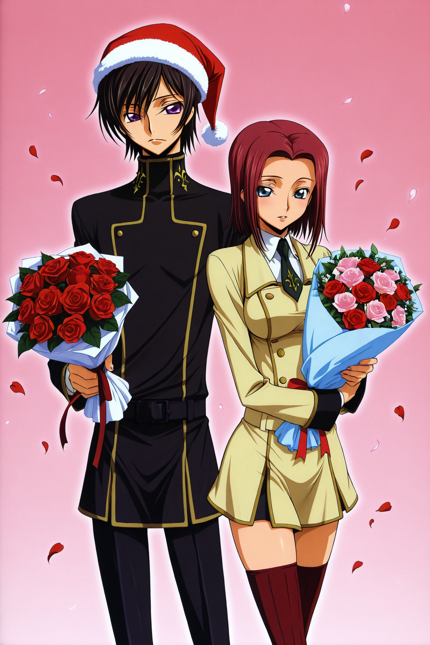 ashford academy school uniform,1girl,1boy,kallen stadtfeld,school uniform,lelouch lamperouge,red hair,hat,flower,thighhighs,blue eyes,bouquet,short hair,rose,purple eyes,petals,black hair,santa hat,
<lora:Takahiro Kimura_illustriousXL:1>,