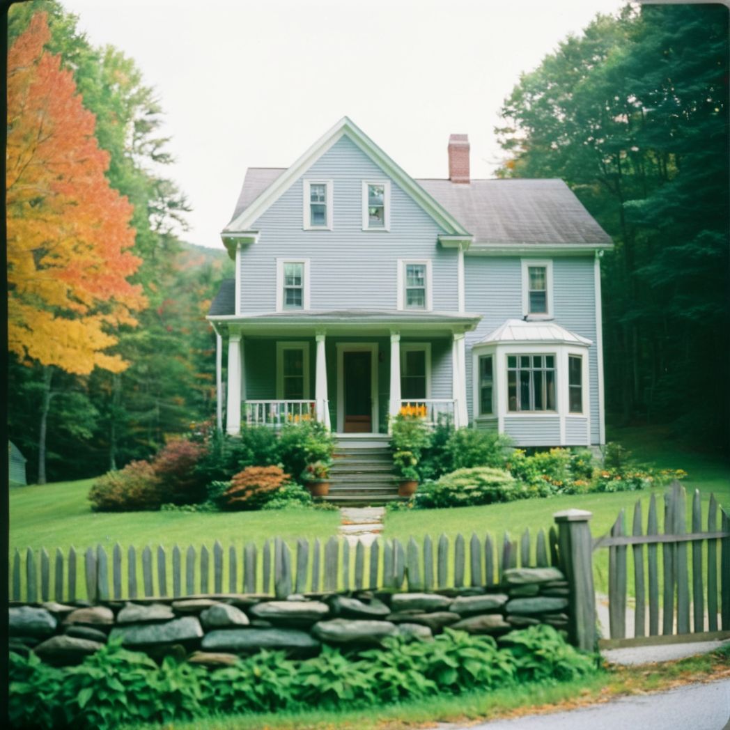 (film photography style:1.5) a quaint home in Vermont during September, medium grain  <lora:SDXL_FILM_PHOTOGRAPHY_STYLE_V1:.8>