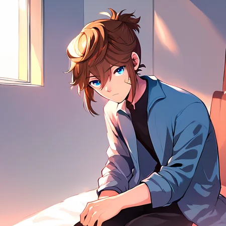score_9, score_8_up, score_7_up,score_6_up, 1boy,solo, looking at viewer , medium shot,<lora:Arthur-30:0.8> Arthur, blue eyes, medium shot, brown hair <lora:detailed_notrigger:0.8>, bangs, blue eyes, brown hair, long sleeves, 1boy, hair between eyes, sitting, closed mouth, jacket, ponytail, male focus, pants, coat, window, black pants, sunlight, bandaid, backlighting, bandaid on face, bandaid on cheek