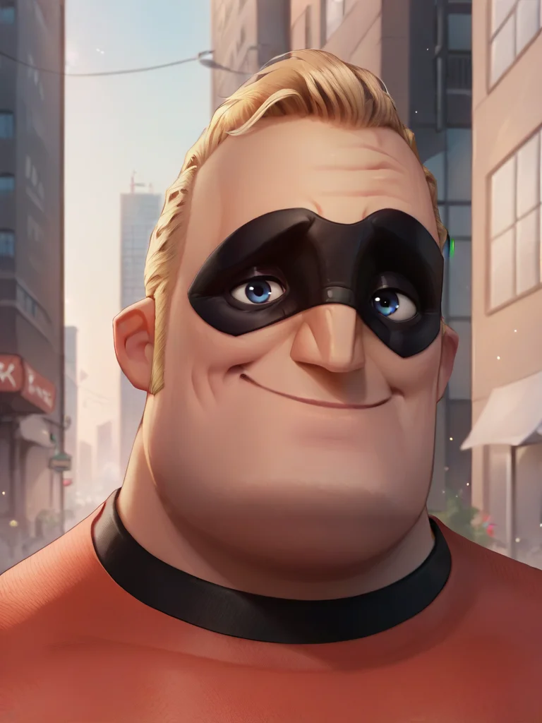 score_9, score_8_up, score_7_up, score_6_up, portrait of R0b_P man, mask, blonde hair, red bodysuit, plump, black gloves, blue eyes, city background <lora:R0b_P-000004:1>