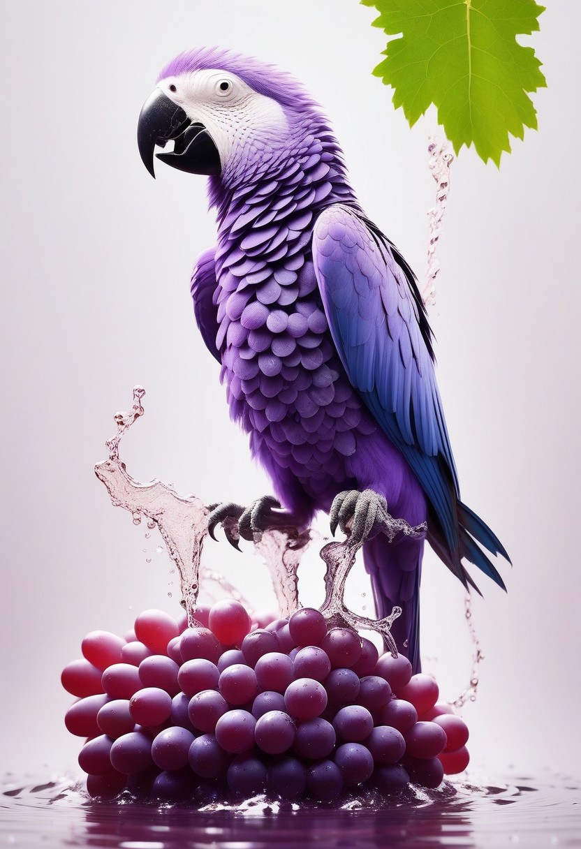 score_9, score_8_up, score_7_up, BREAK, realistic, photo, photorealistic,  parrot, walking on grapes, eating grapes, grape vines, grape bunches