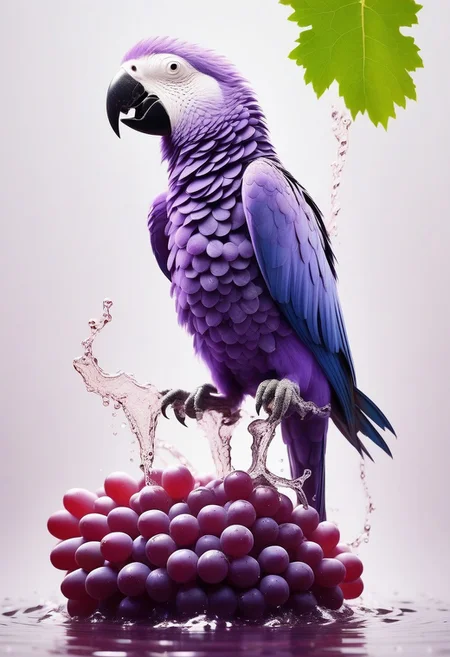 score_9, score_8_up, score_7_up, BREAK, realistic, photo, photorealistic, parrot, walking on grapes, eating grapes, grape vines, grape bunches