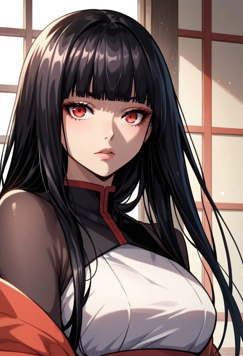 anime artwork, score_9, score_8_up, score_7_up, score_6_up, score_5_up, solo, perfect eyes, detailed eyes, beautiful female, detailed face, dynamics lines, 20 year old, perfect beautiful face, long eyelashes, sharp eyes pupils, (bedroom:1.3), (upper body:1.5), medium breasts, front view,1 girl, red eyes, black hair, blunt bangs, long hair, Japanese clothing,