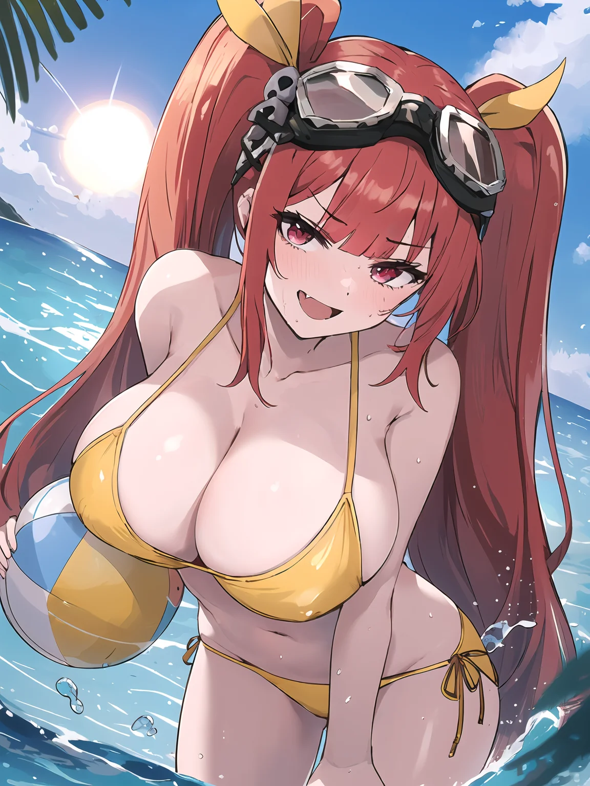 masterpiece,best quality,highres,cinematic lighting,dramatic angle,1girl,<lora:ShadowverseTidalGunnerV2-000018:0.8>,red hair,twintails,hair ribbon,skull hair ornament,goggles,fang,string,yellow bikini swimsuit,collarbone,bare shoulders,huge breasts,gigantic breasts,water,depth of field,happy,red eyes,wave,water,playing water,:d,sunshine,wet,sweatdrop,waterdrop,see-through,side-tie bikini bottom,beachball,beach,cowboy shot,one hand adjusting hair,areola slip,bent over
