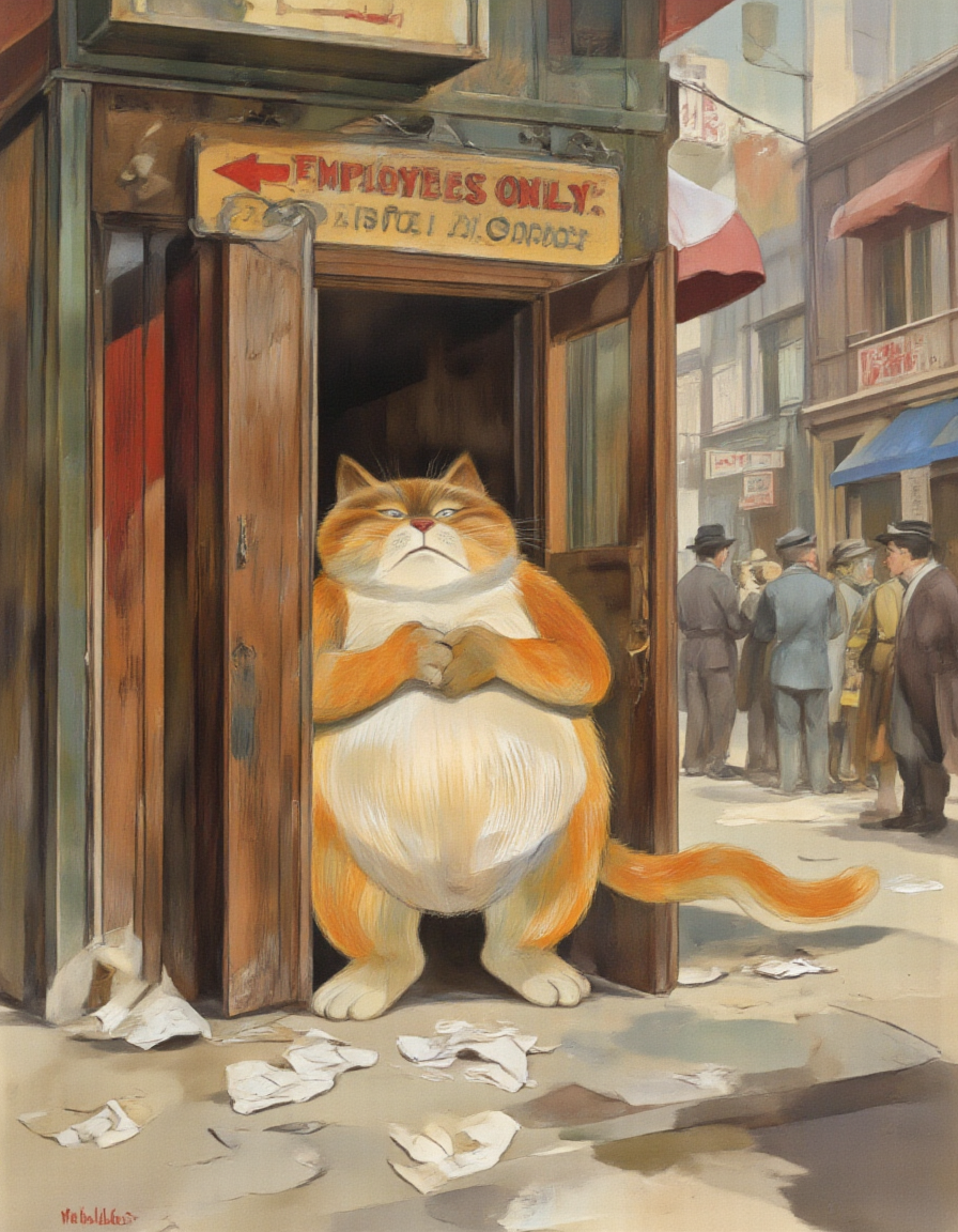 <lora:chizhic:1>, This is a digital painting depicting a humorous scene. The central figure is a large, anthropomorphic orange tabby cat with a round, chubby body and a white underbelly and face. The cat stands in the doorway of a small, rustic building, looking slightly embarrassed. Its front paws are clasped together, and it has a slightly worried expression on its face. Above the cat, on the wall, is a sign that reads "EMPLOYEES ONLY" with an arrow pointing to the left., 
The background reveals a bustling street scene with several people dressed in early 20th-century attire, including hats and suits, indicating a historical setting. The street is lined with buildings, some with signs and awnings, and the overall atmosphere is lively. The ground is covered with crumpled paper, suggesting a busy, cluttered environment., 
The painting is done in a detailed, realistic style with a slight touch of whimsy, capturing the essence of a vintage illustration. The colors are rich and vibrant, with warm tones dominating the scene, and the textures are smooth and well-defined, contributing to the overall charm and humor of the image.
