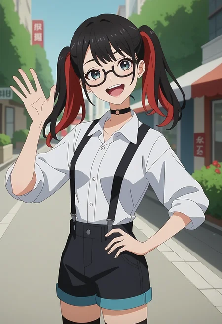 score_9, score_8_up, score_7_up, anime screencap, source_anime, 1girl, solo,
<lora:Nowa_Dress_up_Darling_V2:.85>, KJOnowa, grey eyes, black hair, multicolored hair, twintails, 
white shirt, black suspenders, black shorts, black thighhighs, choker, glasses
waving, hand on own hip, head tilt, open mouth, smile,
street, daytime, buildings, sidewalk,
(Beautiful, small Breasts:1.2),