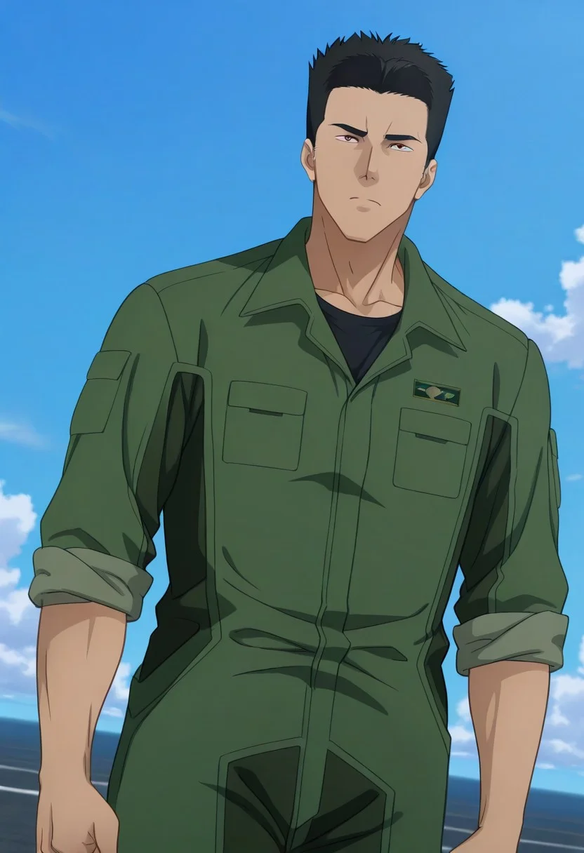 safe_pos, score_9, score_8_up, score_7_up, score_6_up, perfect anatomy, perfect proportions, best quality, masterpiece, high_resolution, high quality, best aesthetic, incredibly absurdres, highres, extremely detailed, huge filesize, solo male, adult, mature, masculine, manly, handsome, charming, alluring, seductive, heroic, serious, grim, stern, unsociability, bluntness, gruffness, standing, upper body, dutch angle, cowboy shot, perfect face, perfect eyes, source_anime \(Brave Bang Bravern\), anime coloring \(Brave Bang Bravern\), BBBIsami, Isami Ao \(Brave Bang Bravern\), brown eyes, sanpaku, BBBIsami_hairstyle01, black hair, short hair, neat hair, bare forehead, BBBIsami_outfit02, black undershirt, green pilot jumpsuit, sleeves rolled up, black boots