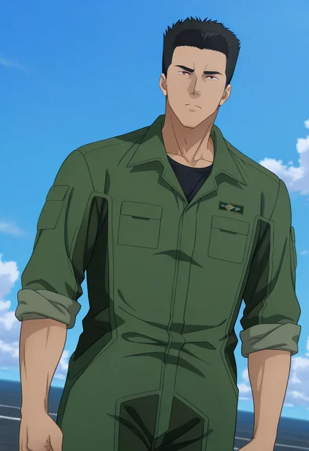 safe_pos, score_9, score_8_up, score_7_up, score_6_up, perfect anatomy, perfect proportions, best quality, masterpiece, high_resolution, high quality, best aesthetic, incredibly absurdres, highres, extremely detailed, huge filesize, solo male, adult, mature, masculine, manly, handsome, charming, alluring, seductive, heroic, serious, grim, stern, unsociability, bluntness, gruffness, standing, upper body, dutch angle, cowboy shot, perfect face, perfect eyes, source_anime \(Brave Bang Bravern\), anime coloring \(Brave Bang Bravern\), BBBIsami, Isami Ao \(Brave Bang Bravern\), brown eyes, sanpaku, BBBIsami_hairstyle01, black hair, short hair, neat hair, bare forehead, BBBIsami_outfit02, black undershirt, green pilot jumpsuit, sleeves rolled up, black boots