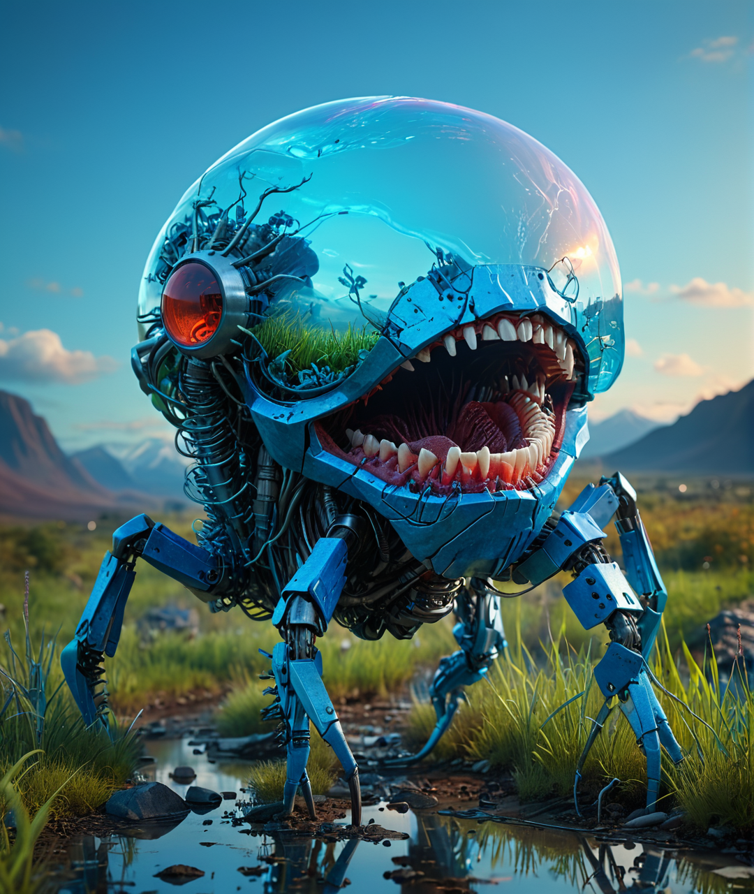 organic bioengineered creature angular living machine, teeth, brilliant colors, blue, full body, transparency, ziprealism, Cyberpunk, outdoors, water, reflections, grass, futuristic, technology, sci-fi, night, tech, 50 mm, 100, nuclear mushroom cloud, wires, cables, gadgets, Digital art, detailed, artstation, by James Turrell,  Golden hour,  morning, <lora:add-detail-xl:1> <lora:xl_more_art-full_v1:0.8>