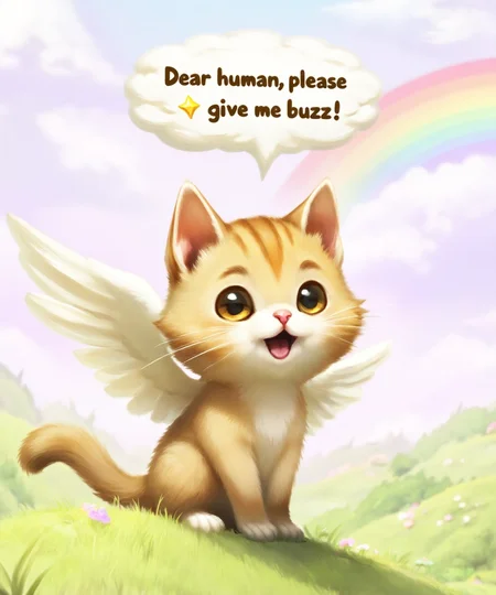 <lora:bunsmtg-c:1> cute, chibi and angelic cat, which also has wings, with a text bubble above it that says "Dear human, please give me buzz! I'm hangry!". The background is that of a angelic landscape with soft pastel clouds, m4th3g4 <lora:FluxDFaeTasticDetails:1>