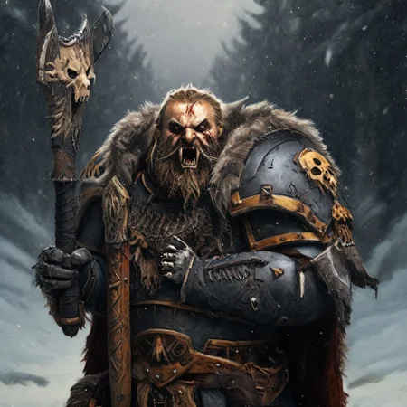 Space wolf warrior, wolf priest, chaplain, skull helmet, wolf skull helmet, wolf skull has a long snout that extends to the helmet mouth vent, the skull has fangs and glowing eyes, warrior with beard is in winter landscape, he is a werewolf space marine,  he as heavy scars, he has his huge runic hammer in his hands, portrait style, viking, norse, beard, clad in ripped furs and pieces of old worn space wolf armor, Black over black, top light, masterful painting in the style of Anders Zorn | Marco Mazzoni | Yuri Ivanovich, Todd McFarlane, oil on canvas
<lora:add-detail-xl:1> <lora:MJ52:0.5>