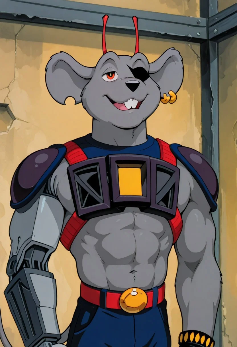 detailed background, detailed fur, cowboy shot, dynamic pose, solo, 1boy, adult, mouse tail, part of ear missing on lower left ear, two earrings on right ear, muscular, red belt with gold buckle, robotic corset on torso, mouse, two red alien antennae on head, robotic prosthesis instead of right hand, classic animation, blue pants, mouse face, 2D, modo, shoulder pads, red pupils, gray mouse, furry, mouse ears, male, two front teeth sticking out, black bandage on right eye, Cartoon, 4k resolution, 8k resolution, best quality, very aesthetic, newest, masterpiece, best quality, amazing quality, very aesthetic, absurdres, newest, high res, ultra detailed, best quality, best artwork, detailed eyes, (eyes focus), perfect eyes, big iris, pupils shown, white dot on eye, perfect cartoon animated eyes, visible clear eyes, 4k, ultra quality, perfect face, absurdres,masterpiece,best quality,amazing, standing pose