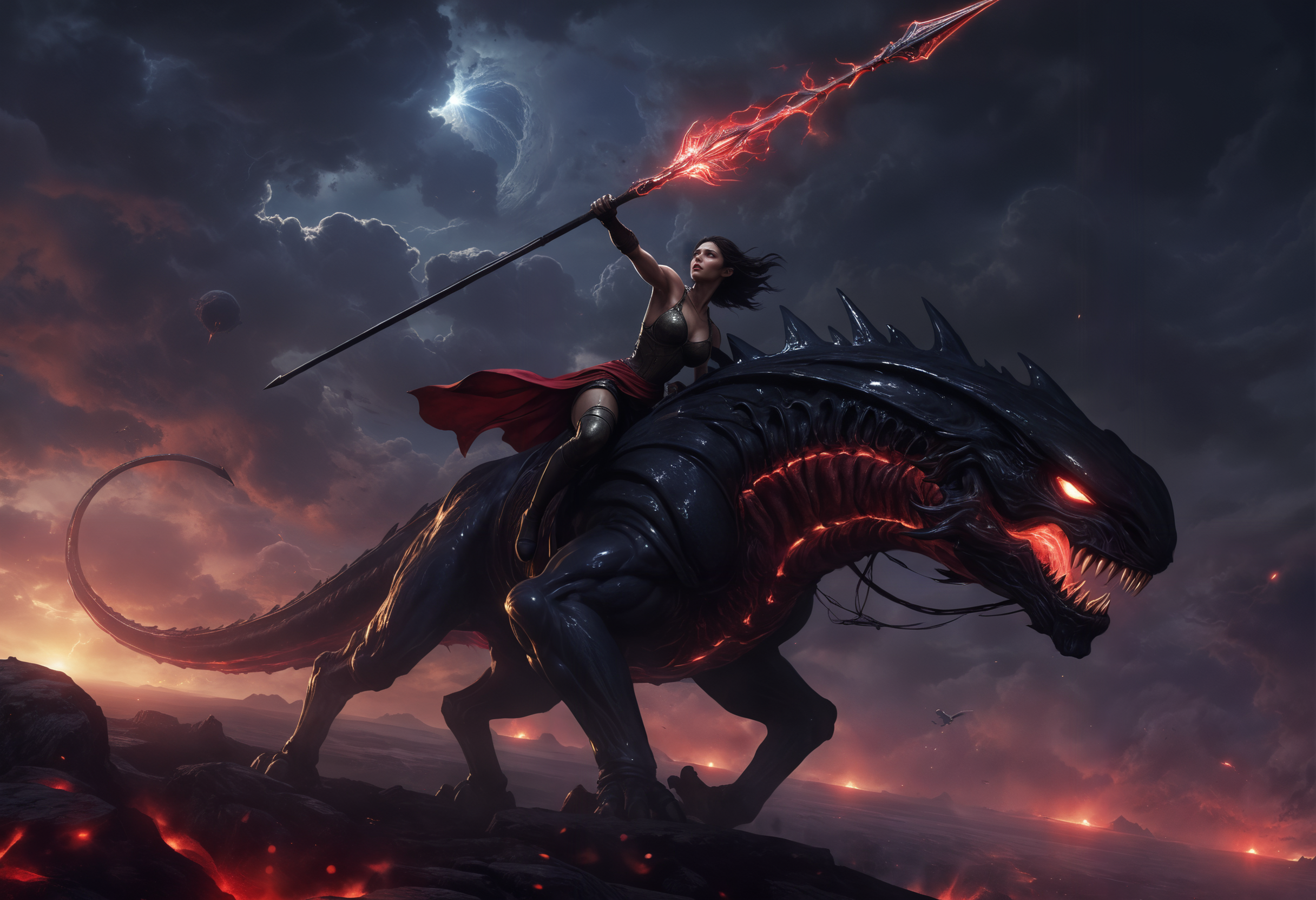 highly detailed and hyper realistic, hyper realistic and highly detailed, a cinematic panoramic frontal shot of a beautiful woman holding a glowing spear and riding on a colossal horrifying biomorphic alien creature, dark clouds, foreign planet, evil glowing eyes, sharp fangs and claws, concept art, dark fantasy art, epic full color illustration, ruby red and dark blue hues, in dark souls manner, dark, atmospheric haze
<lora:xl_more_art-full_v1:0.5> <lora:add-detail-xl:1>