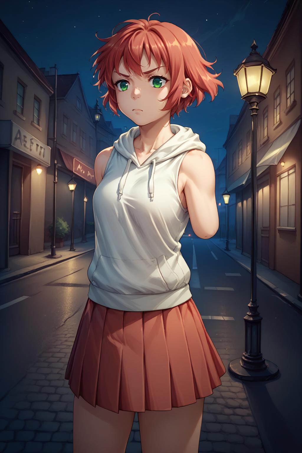 score_9, score_8_up,  1girl, solo <lora:NSRinKatawa:1> NSRinKatawa, amputee, sleeveless, red hair, green eyes, white hoodie, red skirt, pleated skirt, annoyed, dark, night, street, streetlight,