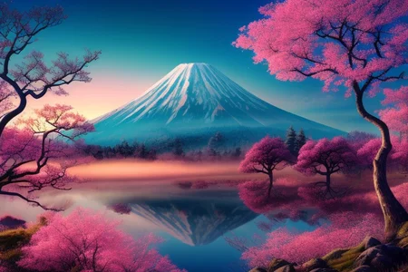 Mh1$AgThS2, intricate linework with expressive contrasts, soft lighting with dynamic highlights, a tranquil large lake in the uplands, sakura trees, blossom, mist, dawn, reflection, with mount fuji in the distance, no humans, In the style of ff-td, FanLan