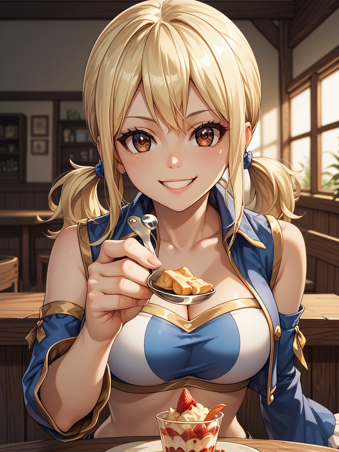 score_9, score_8_up, score_7_up, score_6_up, score_5_up, score_4_up, source_anime, detailed eyes, beautiful eyes,  <lora:Lucy_Heartfilia:0.8> LucyHeartfilia, blonde hair, brown eyes, large breasts, hand tattoo, tattoo on back of hand, pink tattoo, TubetopOutfit, twintails, black thighhighs, detached sleeves, midriff, cropped vest, strapless, leather belt, black skirt, belt, belt pouch, blue vest, tall collar, <lora:IncomingFood_pdxl_Incrs_v2:1> incoming food, holding spoon, pov across table, upper body, smile,