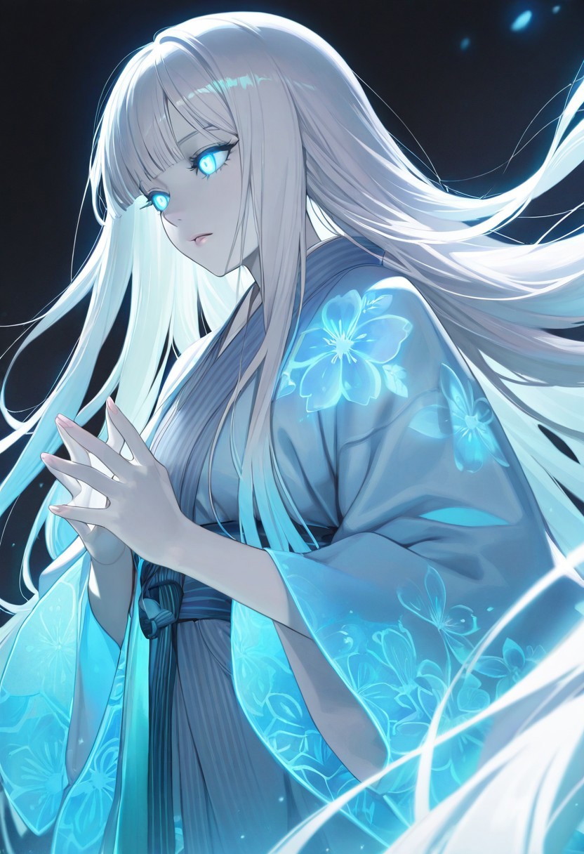 masterpiece, best quality, highly detailed, anime, 1girl, solo, close-up, serene anime girl with pale white skin, colored skin, (white skin:1.3), very long hair, long hair, long glossy white hair with bangs, glowing blue eyes with a hypnotic sparkle, soft cinematic warm lighting casting gentle shadows, wearing a light blue kimono with subtle floral patterns, mysterious and cozy atmosphere, detailed hair texture with sharp lines, vibrant colors, dark background, highres, focus on glowing eyes, intricate details, --ar 9:16, --v 5, --q 2, negative prompt: low quality, blurry, distorted, extra limbs