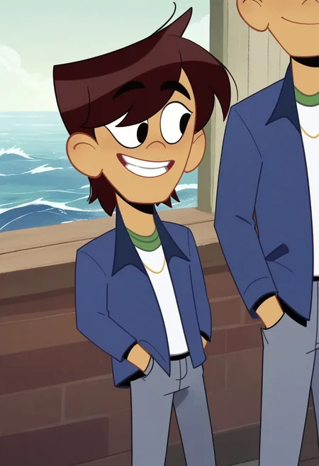 Depth of field.score_9_up, score_8_up, score_7_up,  Ollie Chen, brown hair,dark-skinned male,black eye, short hair,blue jacket, white shirt, pants, 1male, hand in pocket, smile, wave