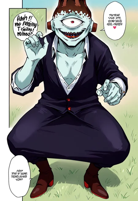 score_9, score_8_up, score_7_up, score_6_up, score_5_up, score_4_up, 2d, anime, anime artstyle, simple shadows, flat coloring, flat shadows, expressive,comic girds,((1boy, male,comic panels,speech bubble,english text:1.5)),standing,fighting stance, light blue skin,single eye,evil smile,teeth,ripping clothes, ripped clothes, stripping,bare chest,white nipple,ripped clothes,torn school uniform,black boots,twiggy,on grass,full shot,full body,looking at the viewer,magma BREAK source_anime,easynegative,ng_deepnegative_v1_75t