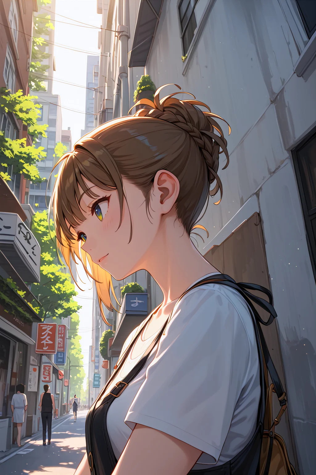 score_9,best quality, 
1girl,upper body,eyes,casual,street,nature,backlit,from below