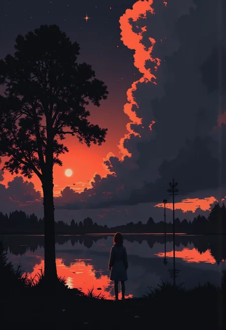 lndscpx, a monochromatic Landscape scenery, starry Sky, high resolution and very detailed moody anime image with a moody sunset behind billowing clouds, nightly sky, a large Neon orange 3d oak tree is growing besides a small Lake, reflections of some otherworldy glitches are visible in the Lake surface, neon-mist