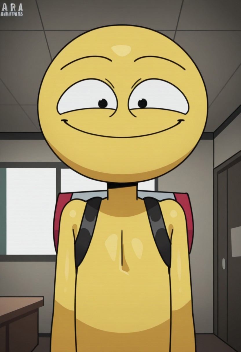 Playeer, 1boy, solo, yellow skin, bald, standing, black eyes, looking at viewer, upper body, no grabpack, indoors, smile, white sclera