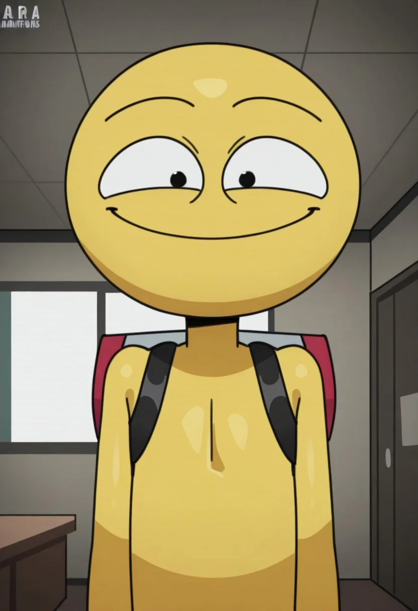 Playeer, 1boy, solo, yellow skin, bald, standing, black eyes, looking at viewer, upper body, no grabpack, indoors, smile, white sclera