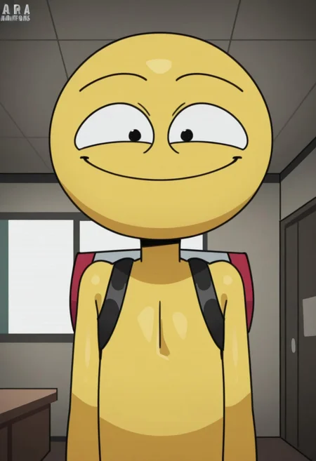 Playeer, 1boy, solo, yellow skin, bald, standing, black eyes, looking at viewer, upper body, no grabpack, indoors, smile, white sclera