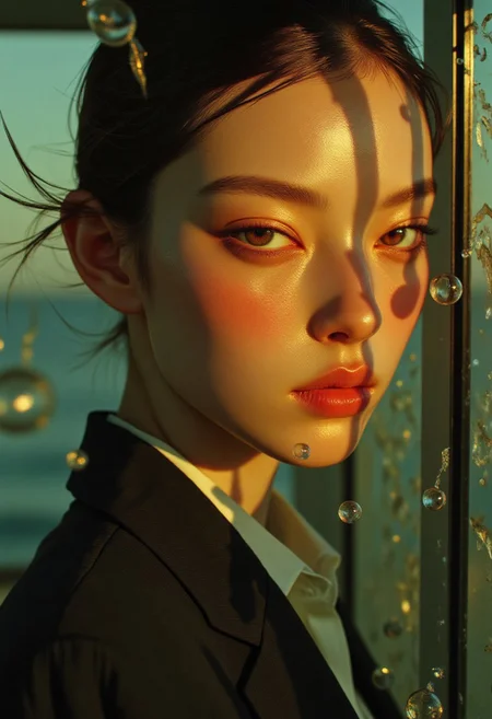 mwv7_alpha_v01,2D fashion Studio Ghibli Dark Fairytale,A portrait of a Korean female model behind golden-illuminated architectural glass, dressed in a tailored designer suit. Streams of sunlight pierce the textured surface, creating ethereal rippling patterns that dance across her composed expression. Effervescent champagne bubbles float weightlessly around her, catching and refracting the light. Warm amber rays cascade across the scene, contrasting with rich teal undertones. Her immaculate features and professional styling shine through the glass distortions. A deep azure gradient background frames the composition while focused light beams create dramatic highlights. Captured with masterful cinematography and pristine detail.