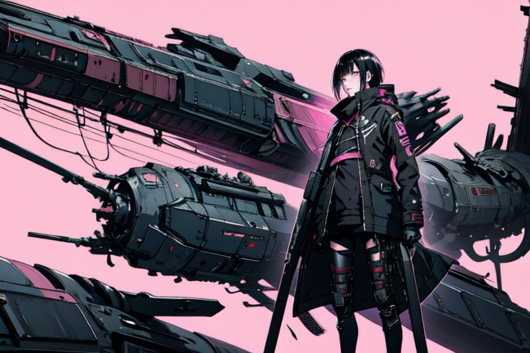 highly insanely detailed, masterpiece, top quality, best quality, highres, 4k, 8k, RAW photo, (very aesthetic, beautiful and aesthetic),  
tsutomu nihei,nihei_tsutomu,blame!,blame gakuen!,abara,TNstyle,sidonia_no_kishi,star \(sky\),starry sky, 
<lora:blameLora_v10:0.8>, 
(1girl:1.3), 
solo focus, 
Industrial age city,(pure pink background,transparent background:1.2),âââ