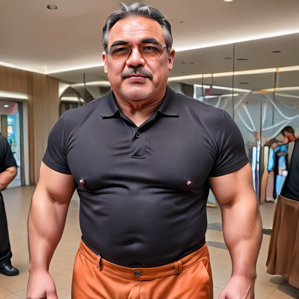 chinese, hairy, thick pubic hair,  married mature grandfather, with a group of extremely hairy beefy bodybuilders at a mall,